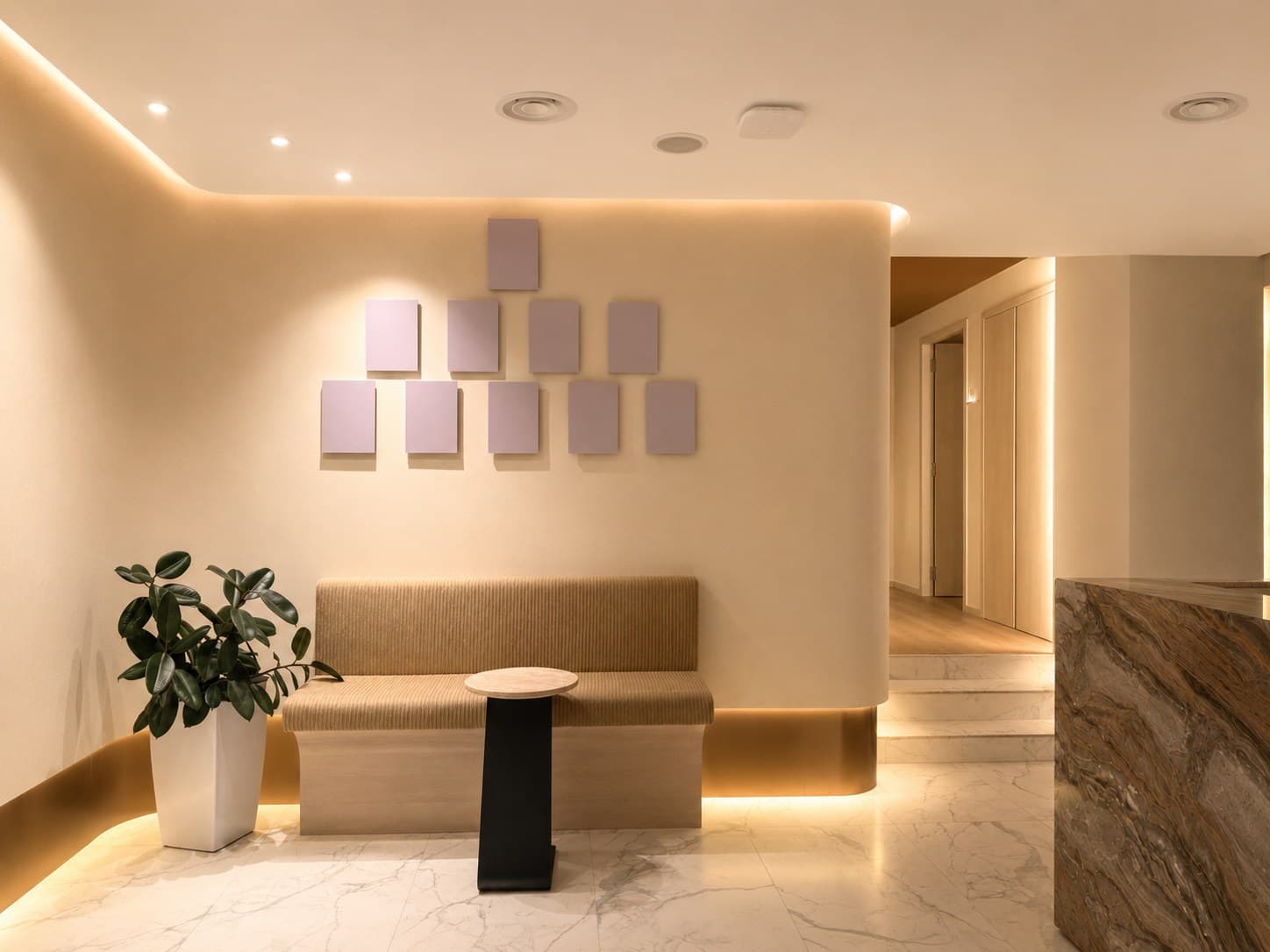 Herboria TCM quiet waiting lounge with soft warm lighting