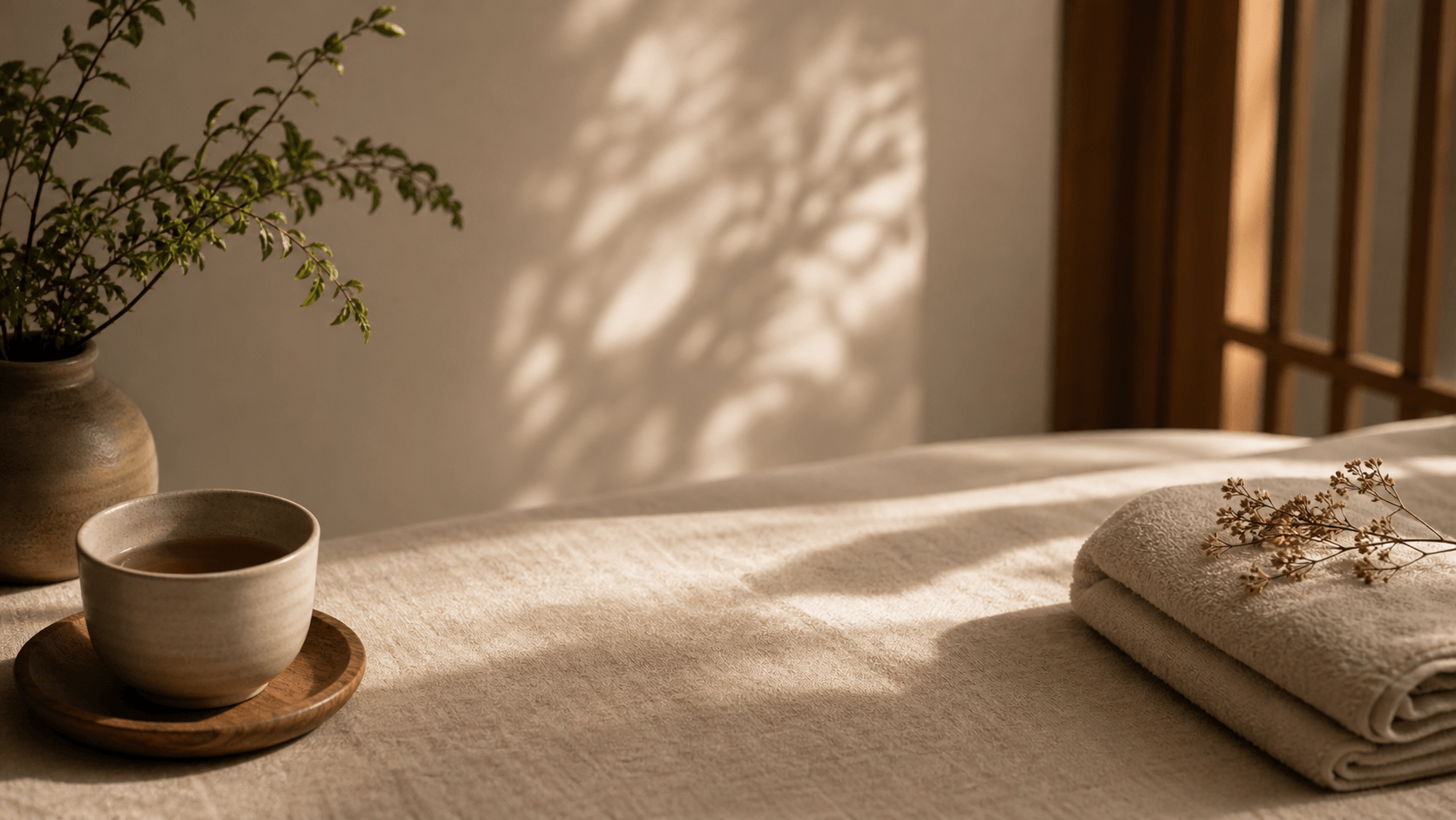 Quiet tea and warm shadow for the closing booking moment